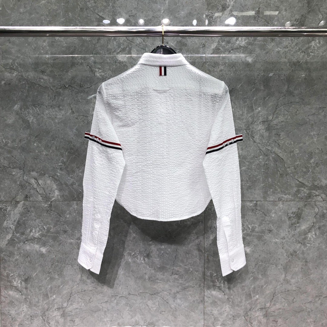 THOM BROWNE 双袖织带泡泡纱短款衬衫 外套 长袖 女款 白色