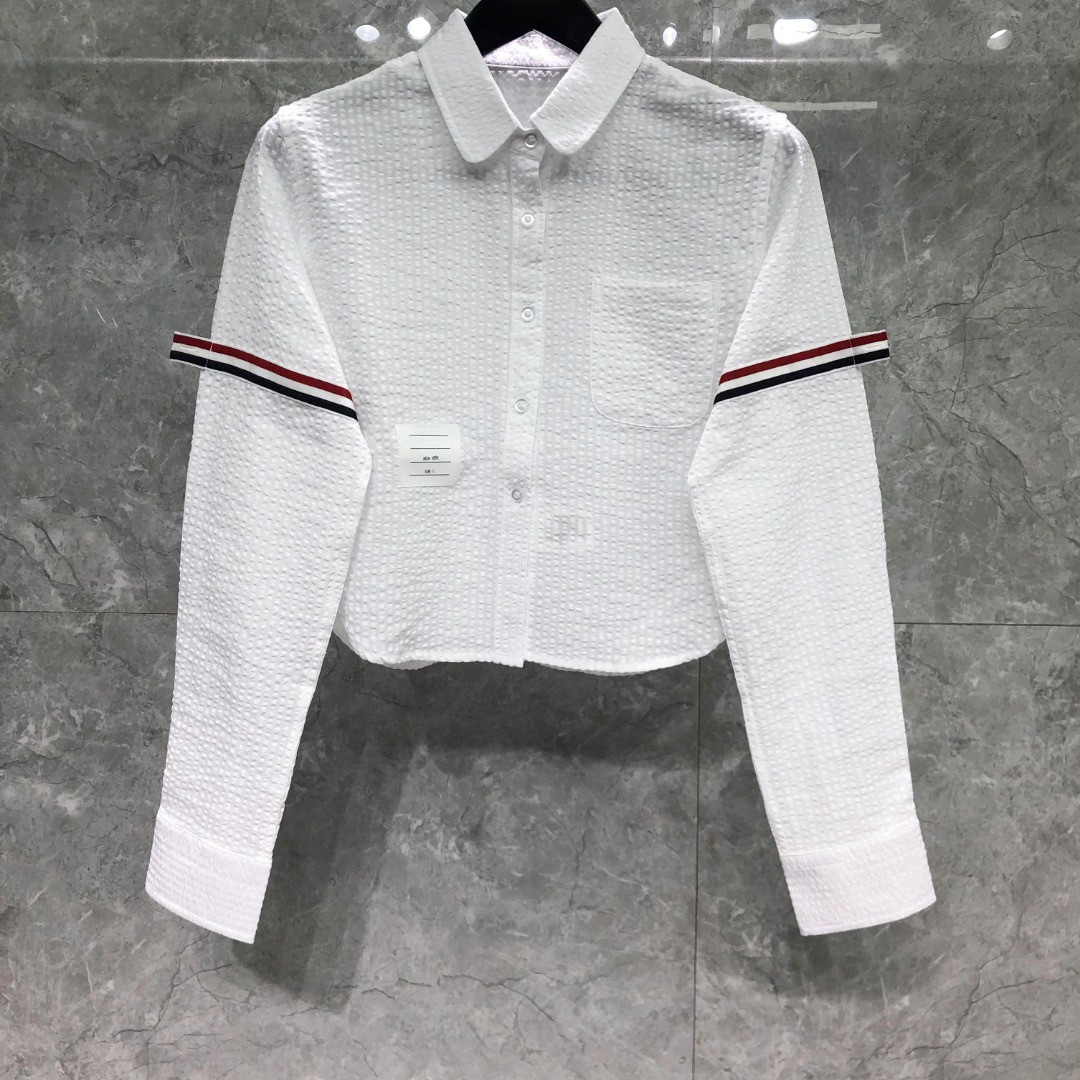 THOM BROWNE 双袖织带泡泡纱短款衬衫 外套 长袖 女款 白色