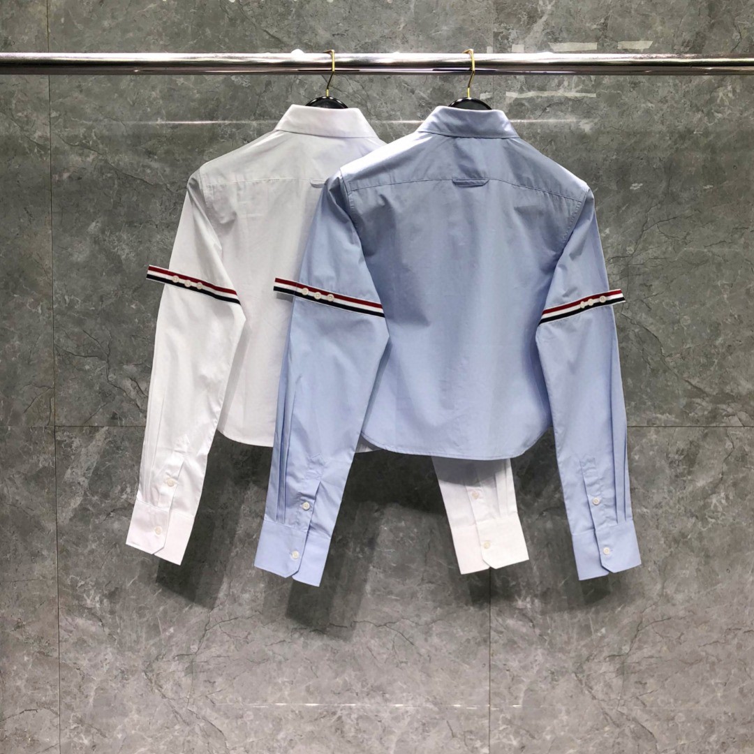 THOM BROWNE 纯色双袖织带短款衬衫 外套 长袖 女款 蓝色 白色 