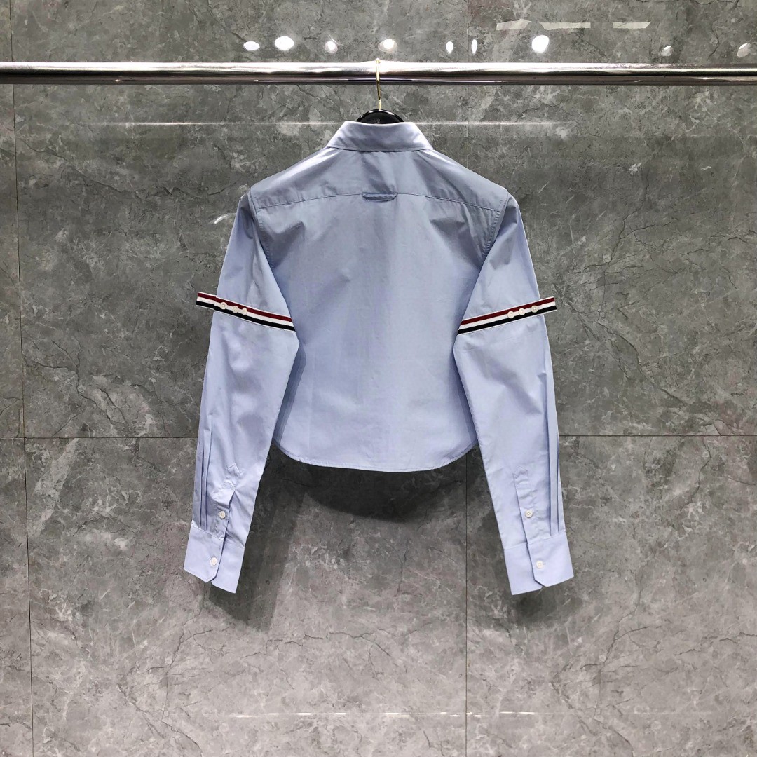 THOM BROWNE 纯色双袖织带短款衬衫 外套 长袖 女款 蓝色 白色 