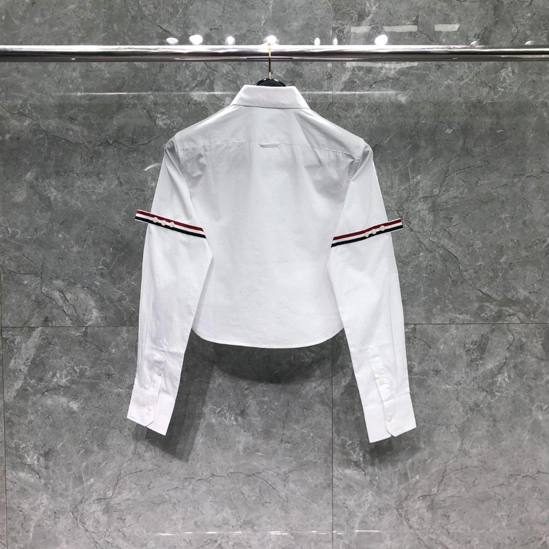THOM BROWNE 纯色双袖织带短款衬衫 外套 长袖 女款 蓝色 白色 