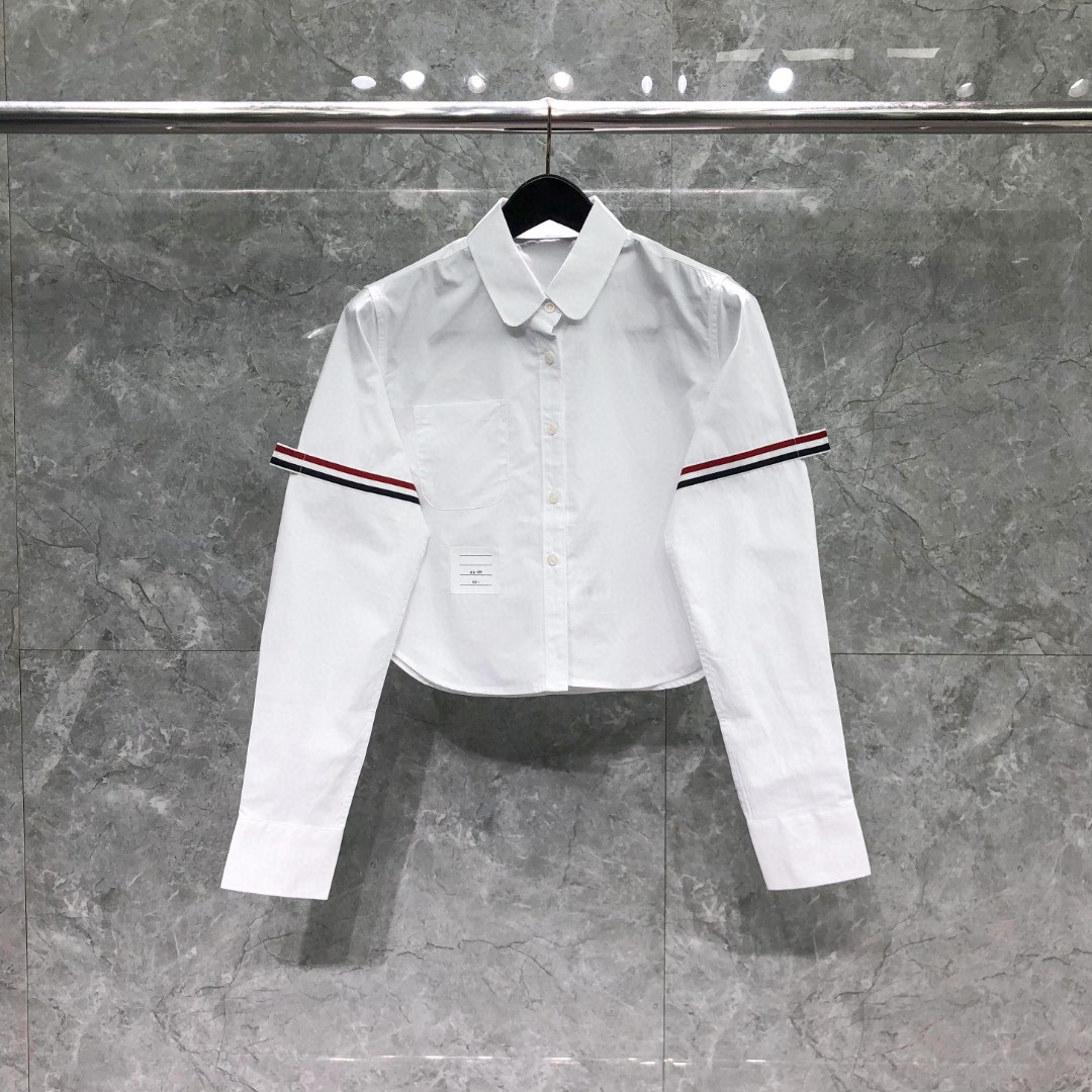 THOM BROWNE 纯色双袖织带短款衬衫 外套 长袖 女款 蓝色 白色 
