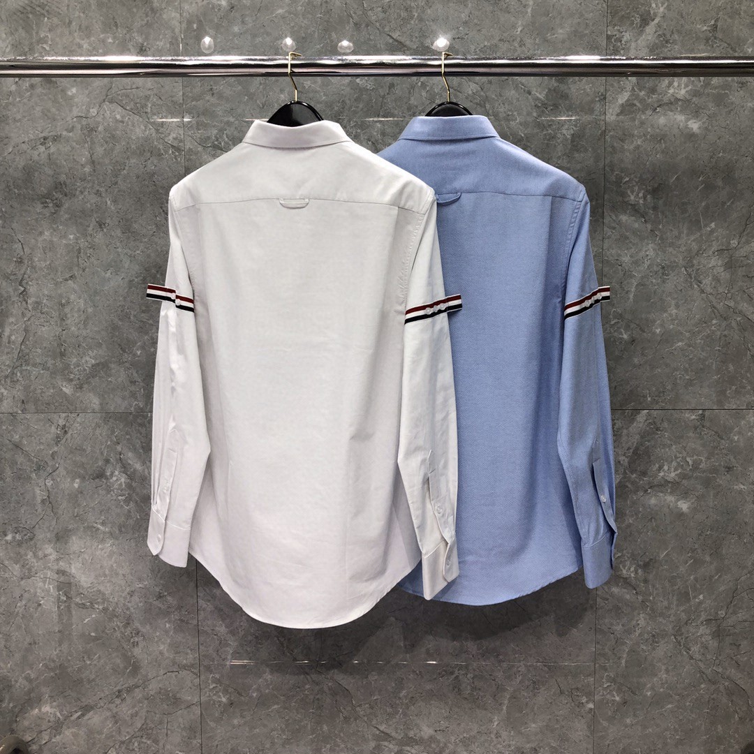 THOM BROWNE 双袖红白蓝拼色织带单排扣衬衫 外套 长袖 白色 蓝色
