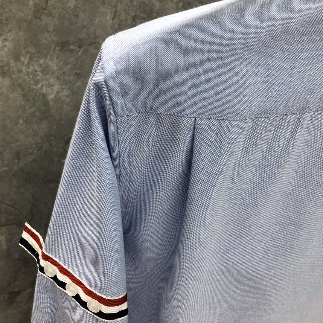 THOM BROWNE 双袖红白蓝拼色织带单排扣衬衫 外套 长袖 白色 蓝色