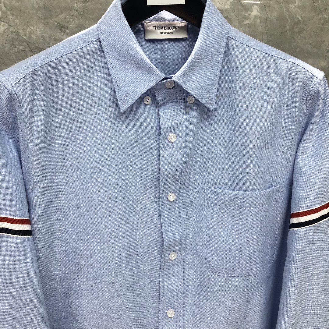 THOM BROWNE 双袖红白蓝拼色织带单排扣衬衫 外套 长袖 白色 蓝色