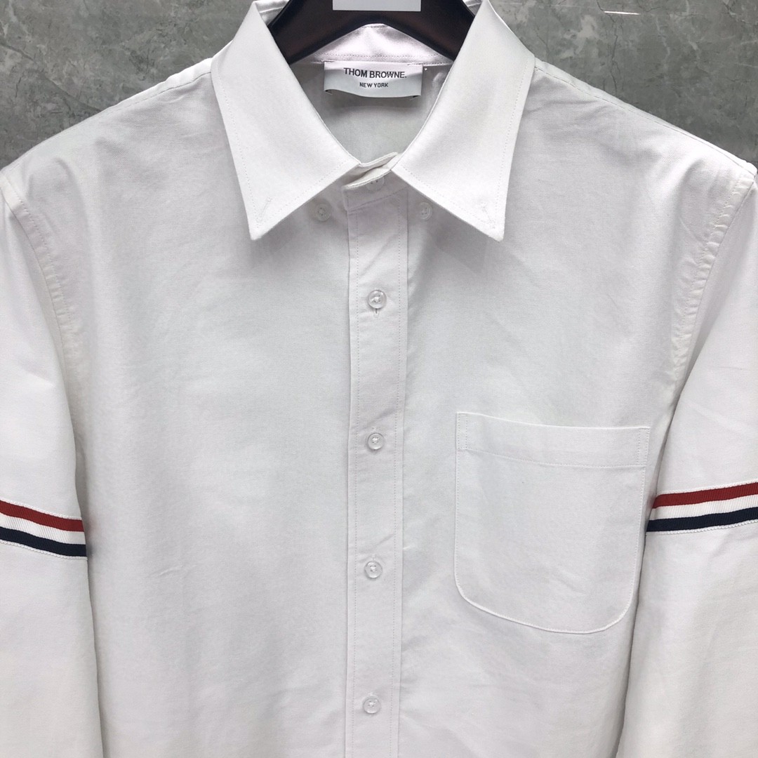 THOM BROWNE 双袖红白蓝拼色织带单排扣衬衫 外套 长袖 白色 蓝色