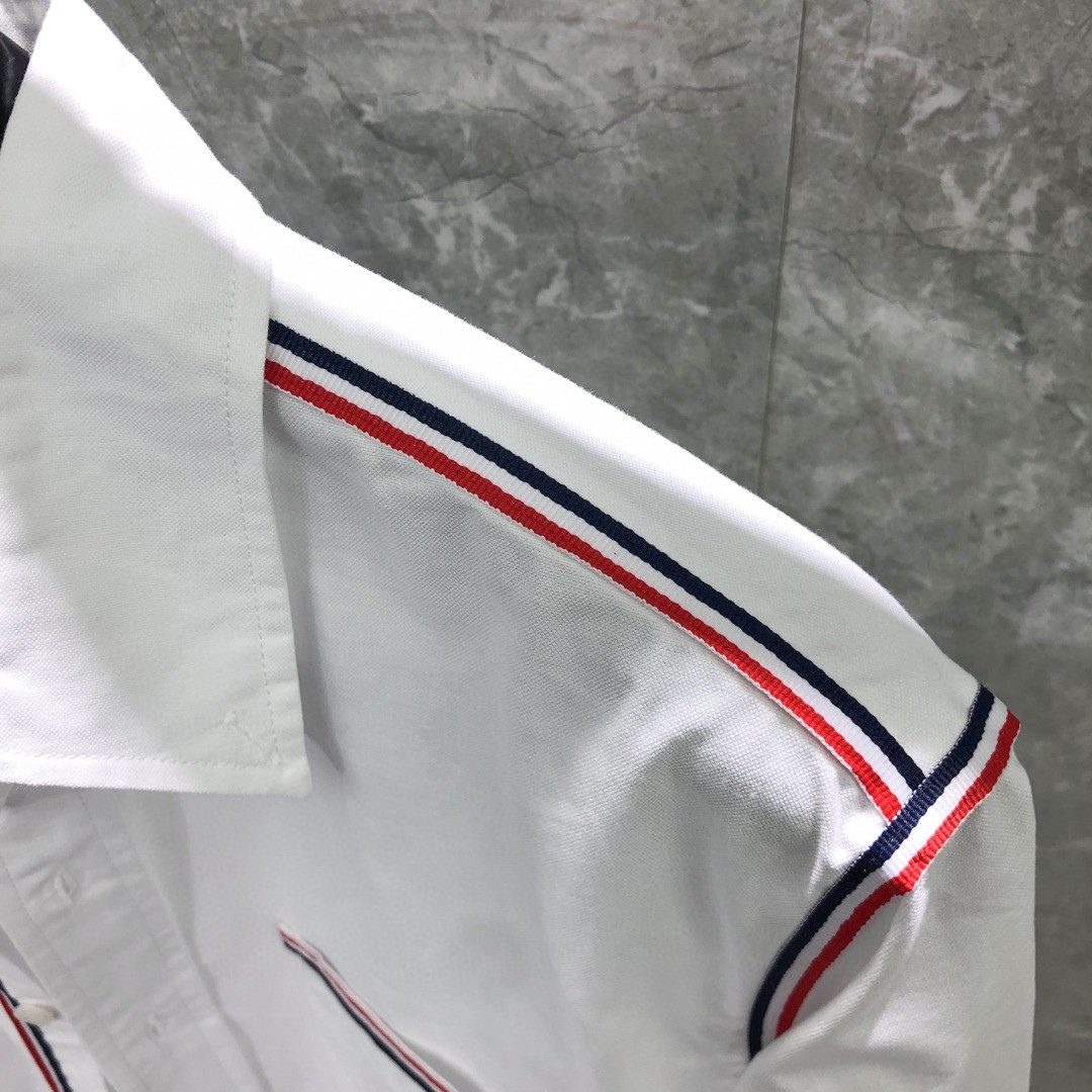 THOM BROWNE 红白蓝拼色织带单排扣衬衫 外套 长袖 白色