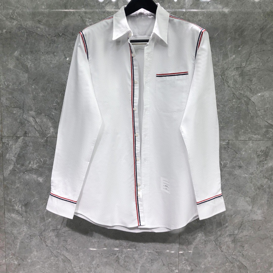 THOM BROWNE 红白蓝拼色织带单排扣衬衫 外套 长袖 白色