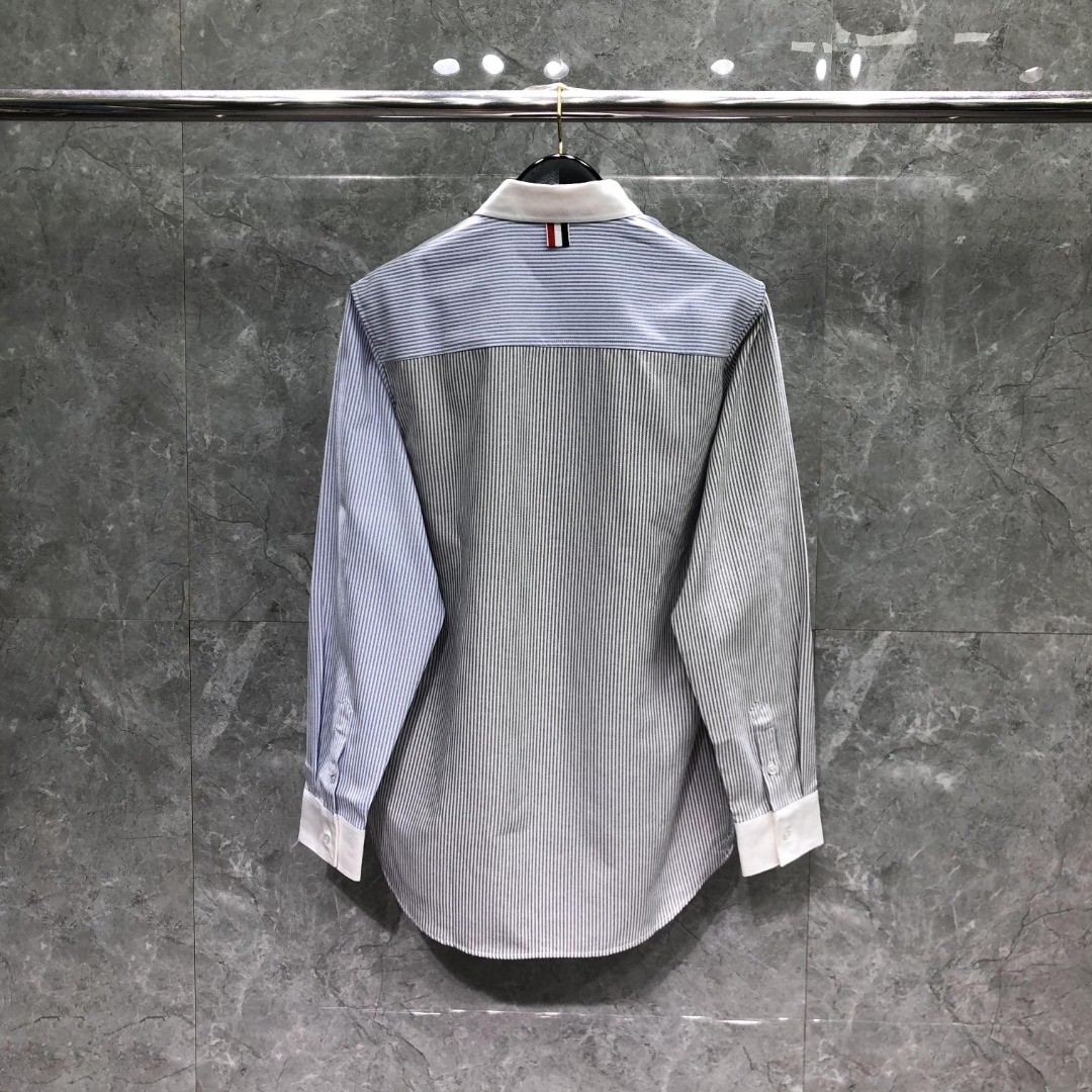 THOM BROWNE 拼色条纹单排扣衬衫 外套 长袖 灰蓝色