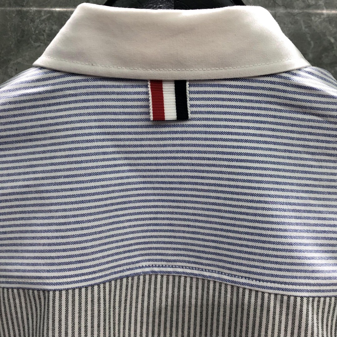 THOM BROWNE 拼色条纹单排扣衬衫 外套 长袖 灰蓝色