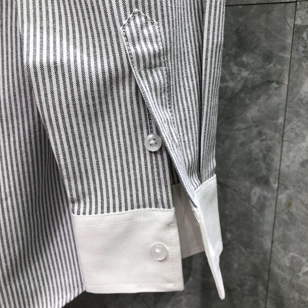 THOM BROWNE 拼色条纹单排扣衬衫 外套 长袖 灰蓝色