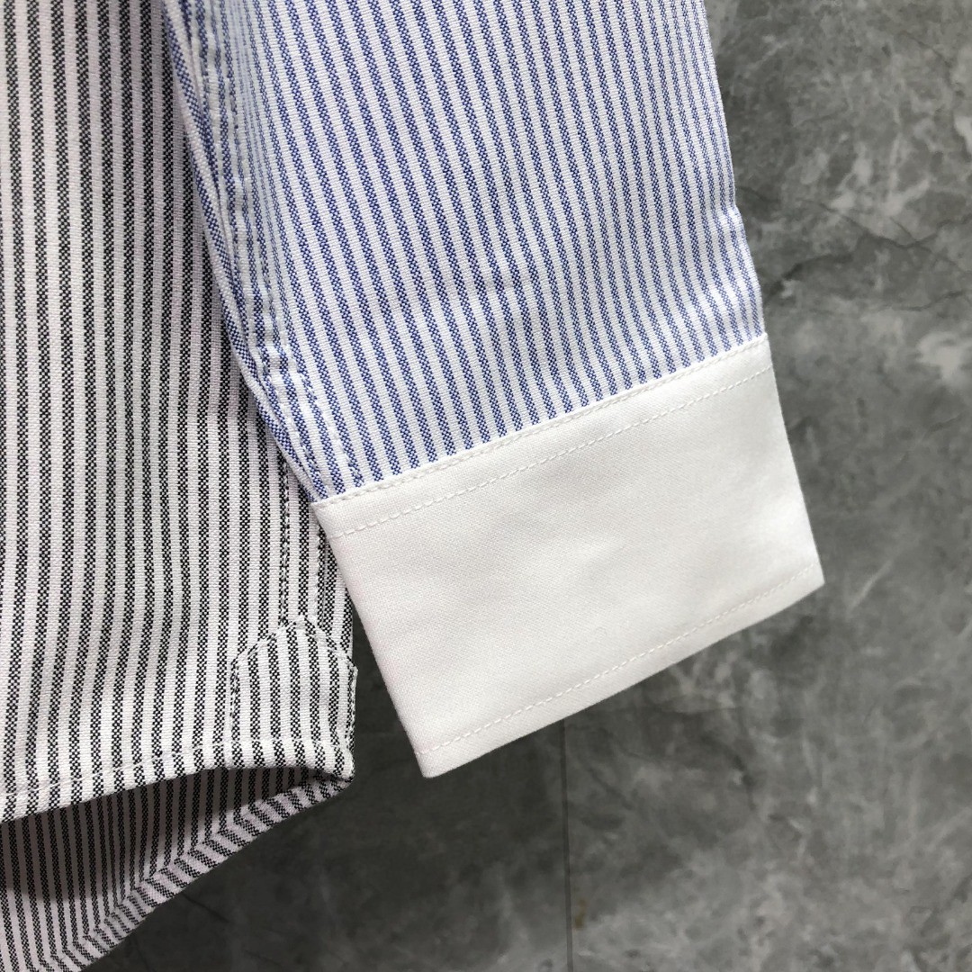 THOM BROWNE 拼色条纹单排扣衬衫 外套 长袖 灰蓝色