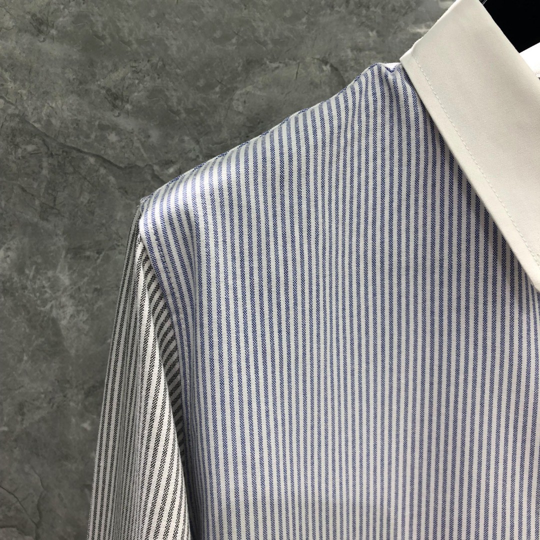 THOM BROWNE 拼色条纹单排扣衬衫 外套 长袖 灰蓝色