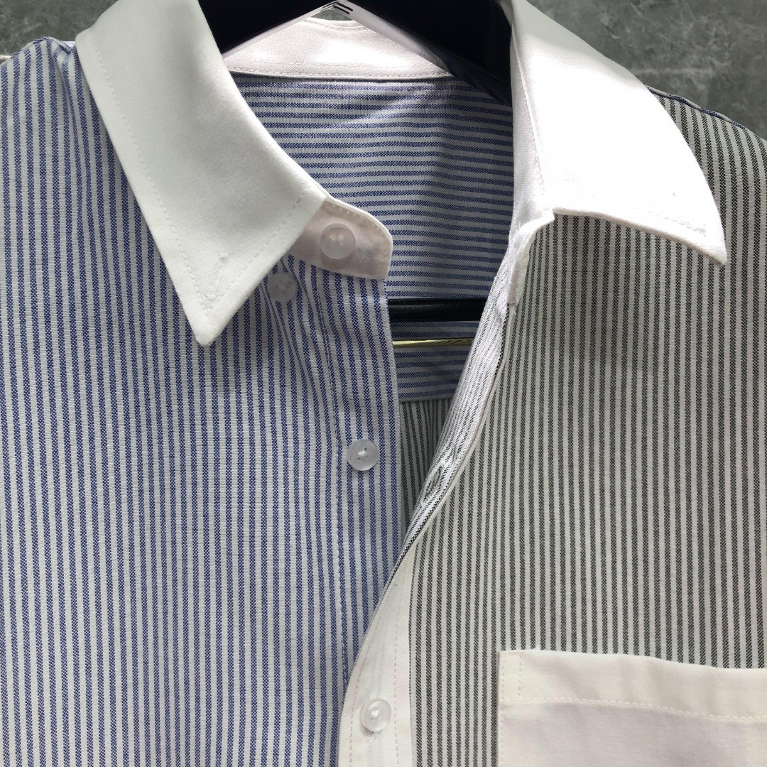 THOM BROWNE 拼色条纹单排扣衬衫 外套 长袖 灰蓝色