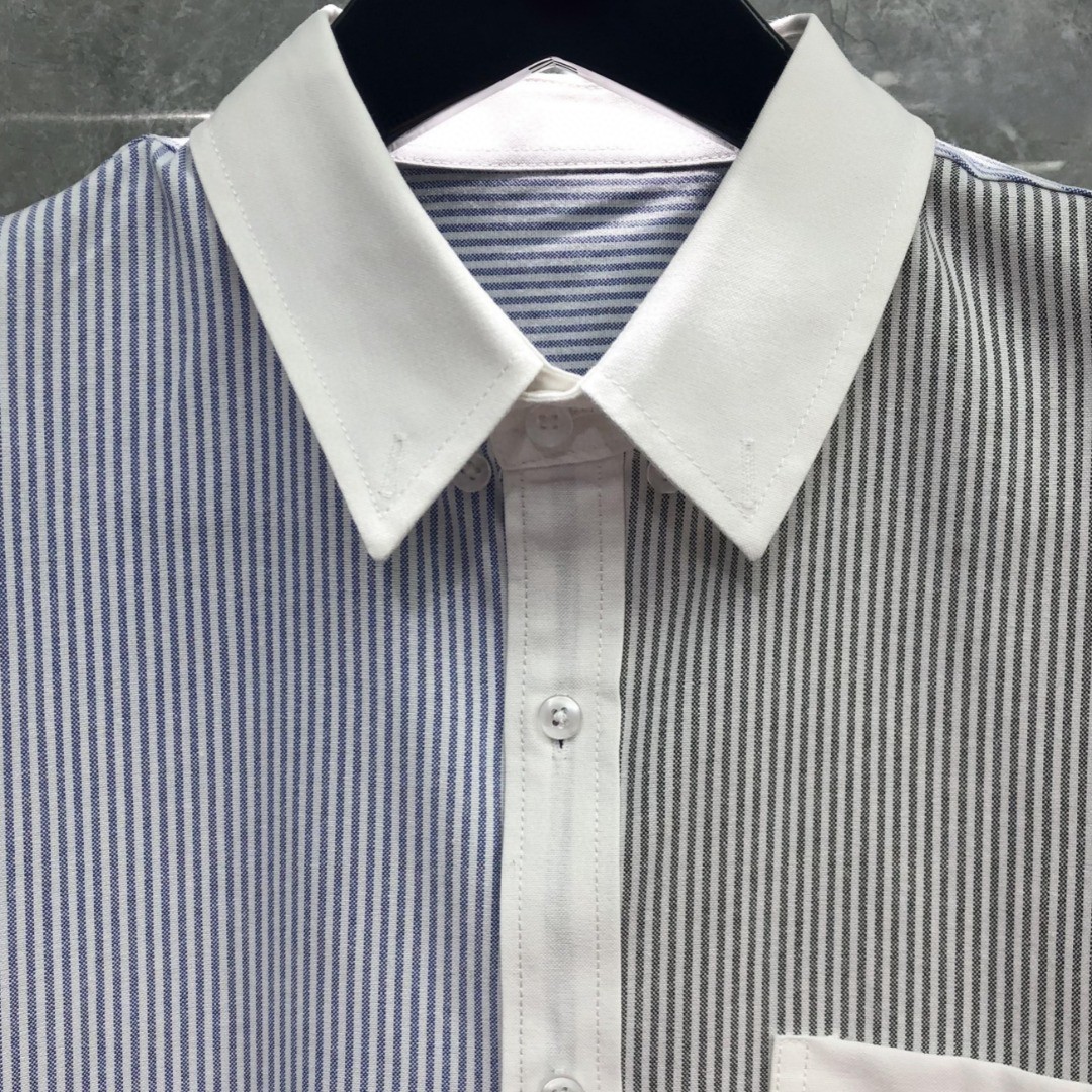 THOM BROWNE 拼色条纹单排扣衬衫 外套 长袖 灰蓝色