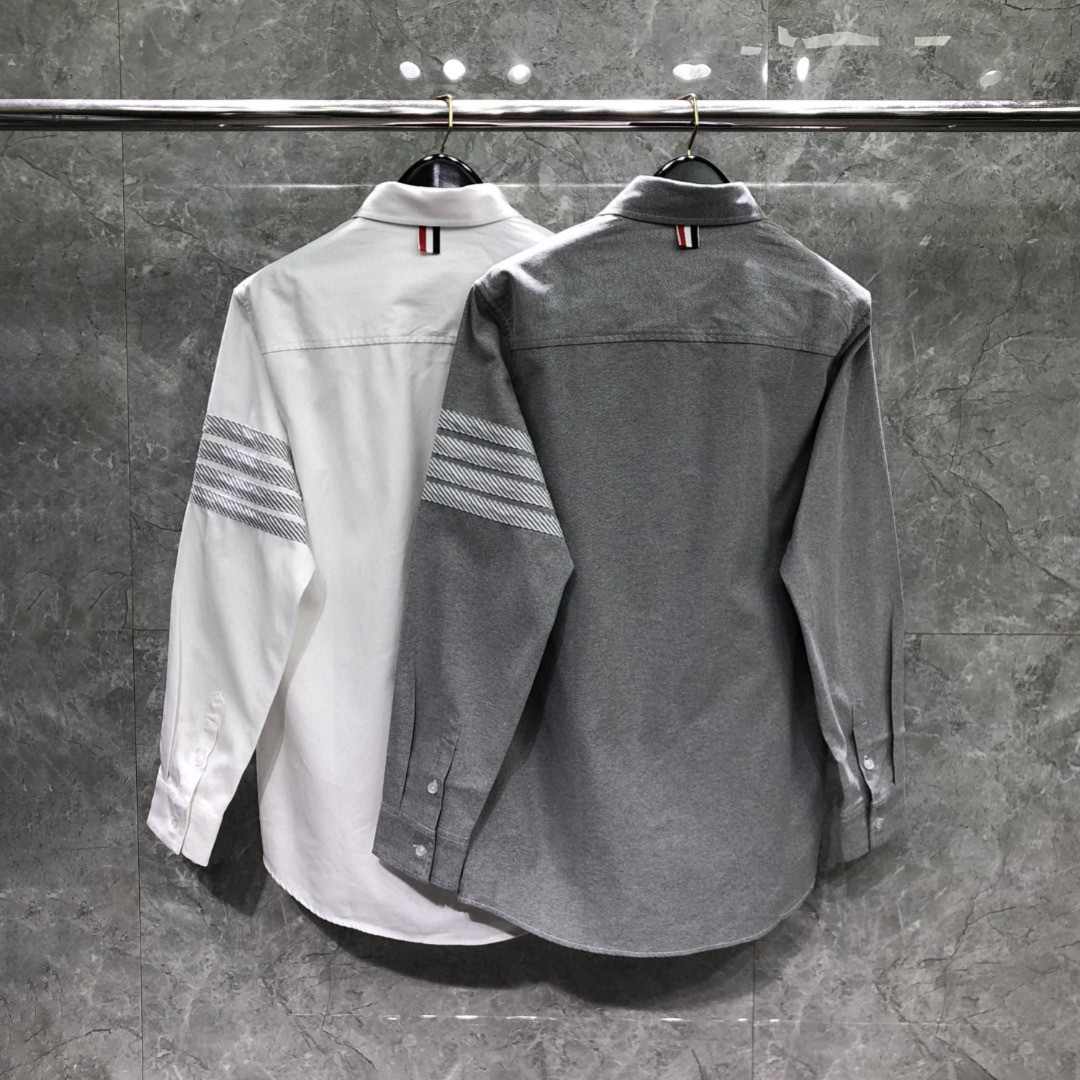 THOM BROWNE 灰色斜纹四杠单排扣衬衫 外套 长袖 白色 灰色