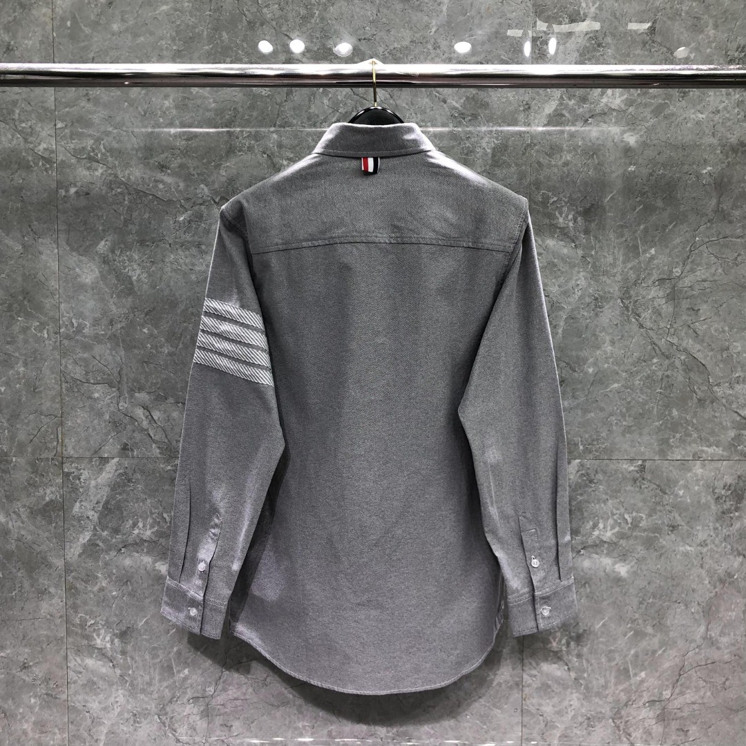 THOM BROWNE 灰色斜纹四杠单排扣衬衫 外套 长袖 白色 灰色