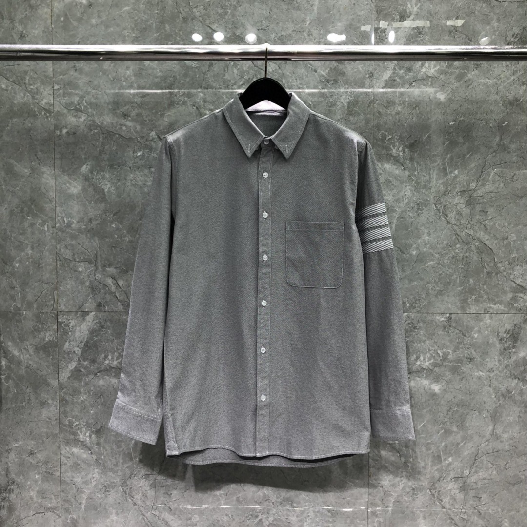 THOM BROWNE 灰色斜纹四杠单排扣衬衫 外套 长袖 白色 灰色