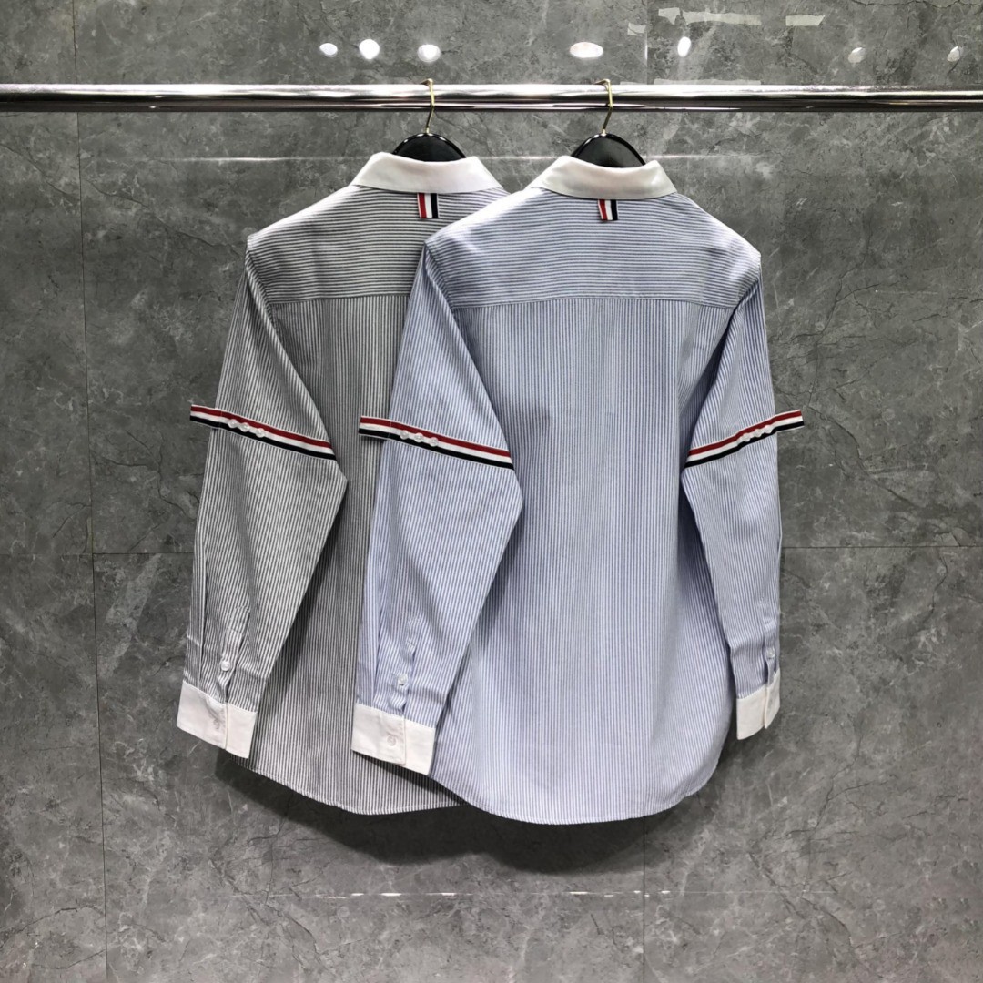 THOM BROWNE 袖口拼色条纹单排扣衬衫 外套 长袖 蓝色 灰色