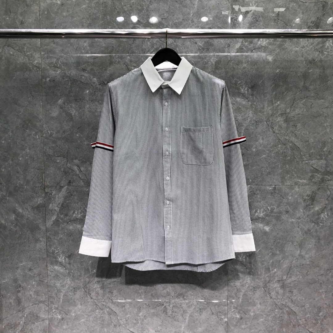 THOM BROWNE 袖口拼色条纹单排扣衬衫 外套 长袖 蓝色 灰色