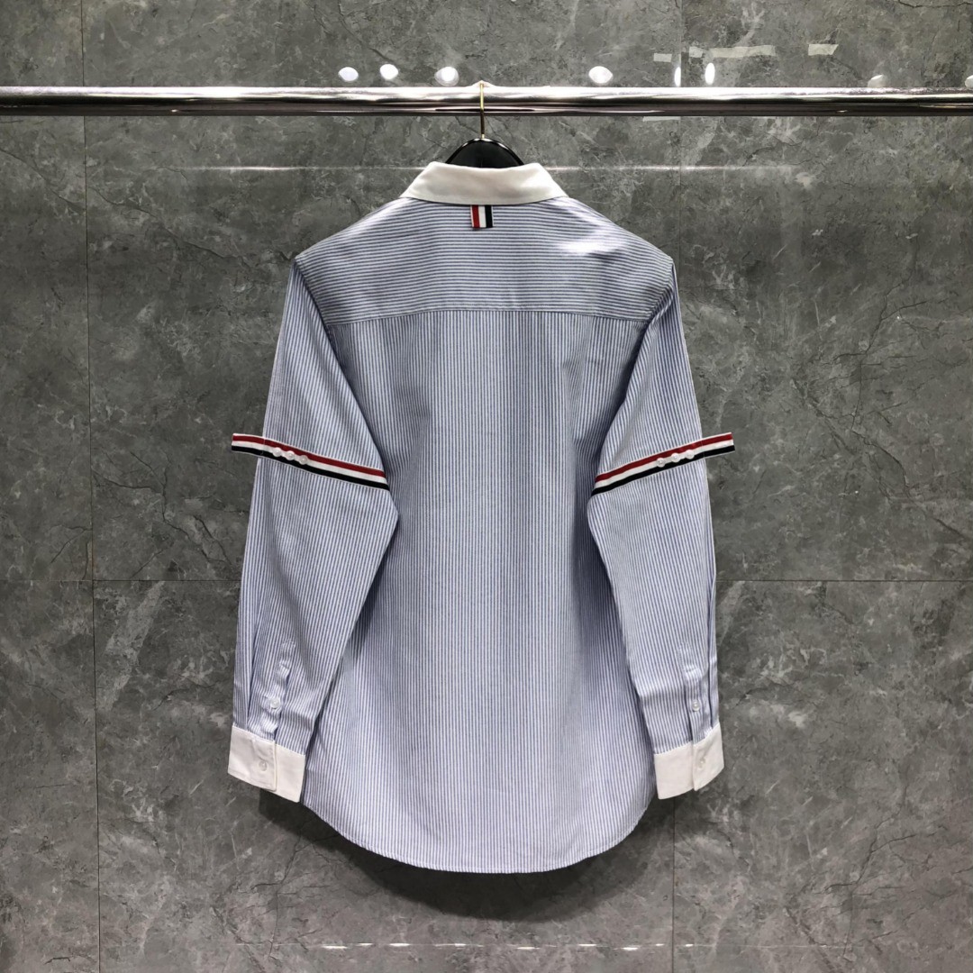 THOM BROWNE 袖口拼色条纹单排扣衬衫 外套 长袖 蓝色 灰色