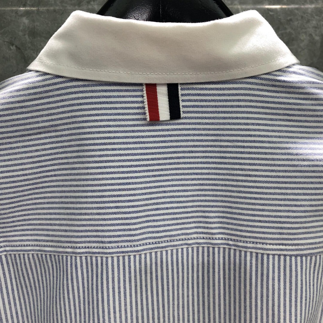 THOM BROWNE 袖口拼色条纹单排扣衬衫 外套 长袖 蓝色 灰色