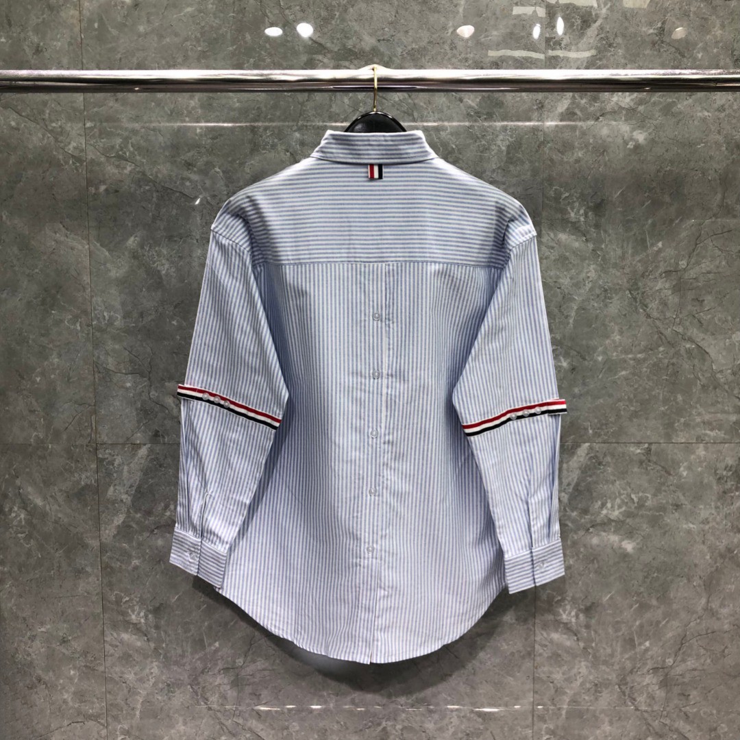 THOM BROWNE 双袖织带刺绣小狗图案条纹单排扣衬衫 外套 长袖 蓝色