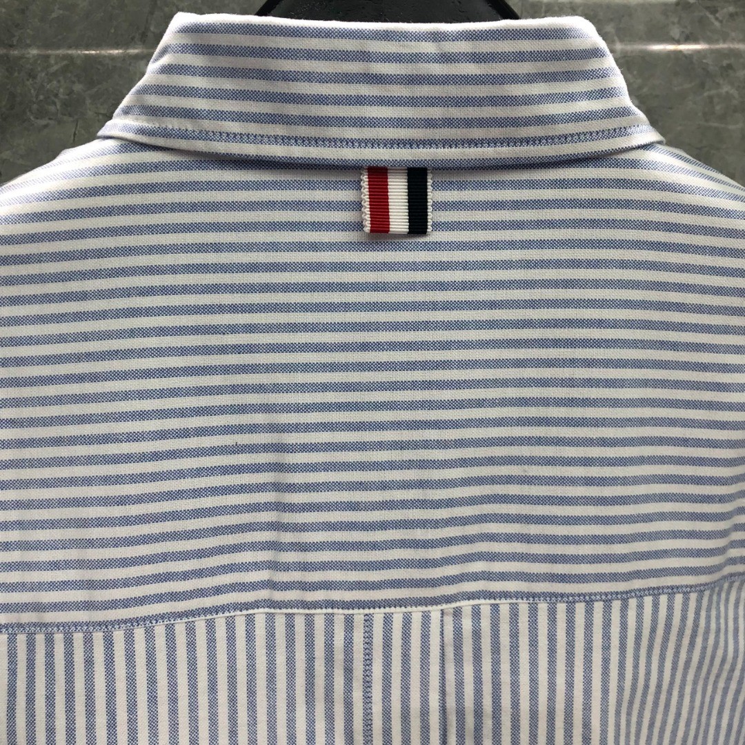 THOM BROWNE 双袖织带刺绣小狗图案条纹单排扣衬衫 外套 长袖 蓝色