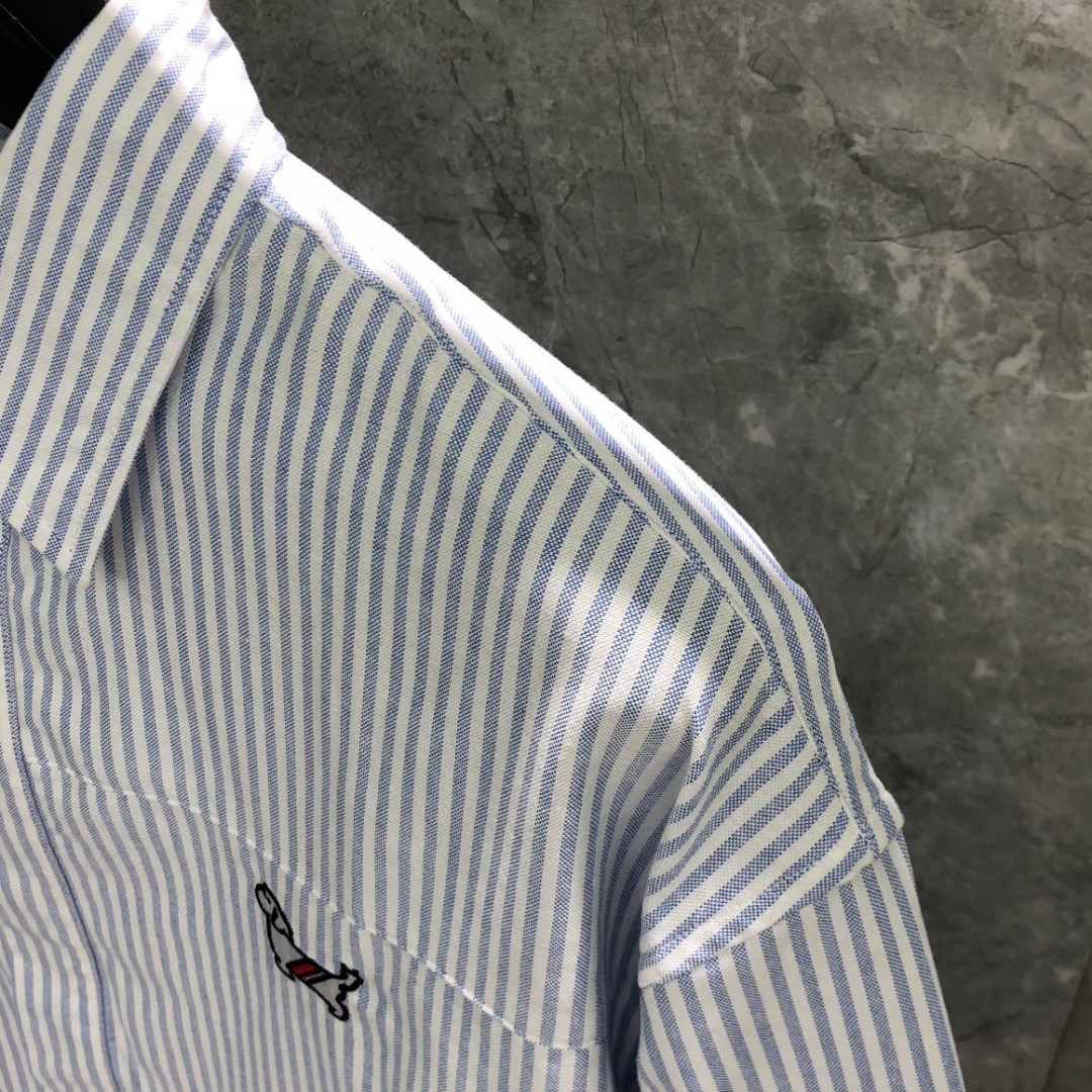 THOM BROWNE 双袖织带刺绣小狗图案条纹单排扣衬衫 外套 长袖 蓝色