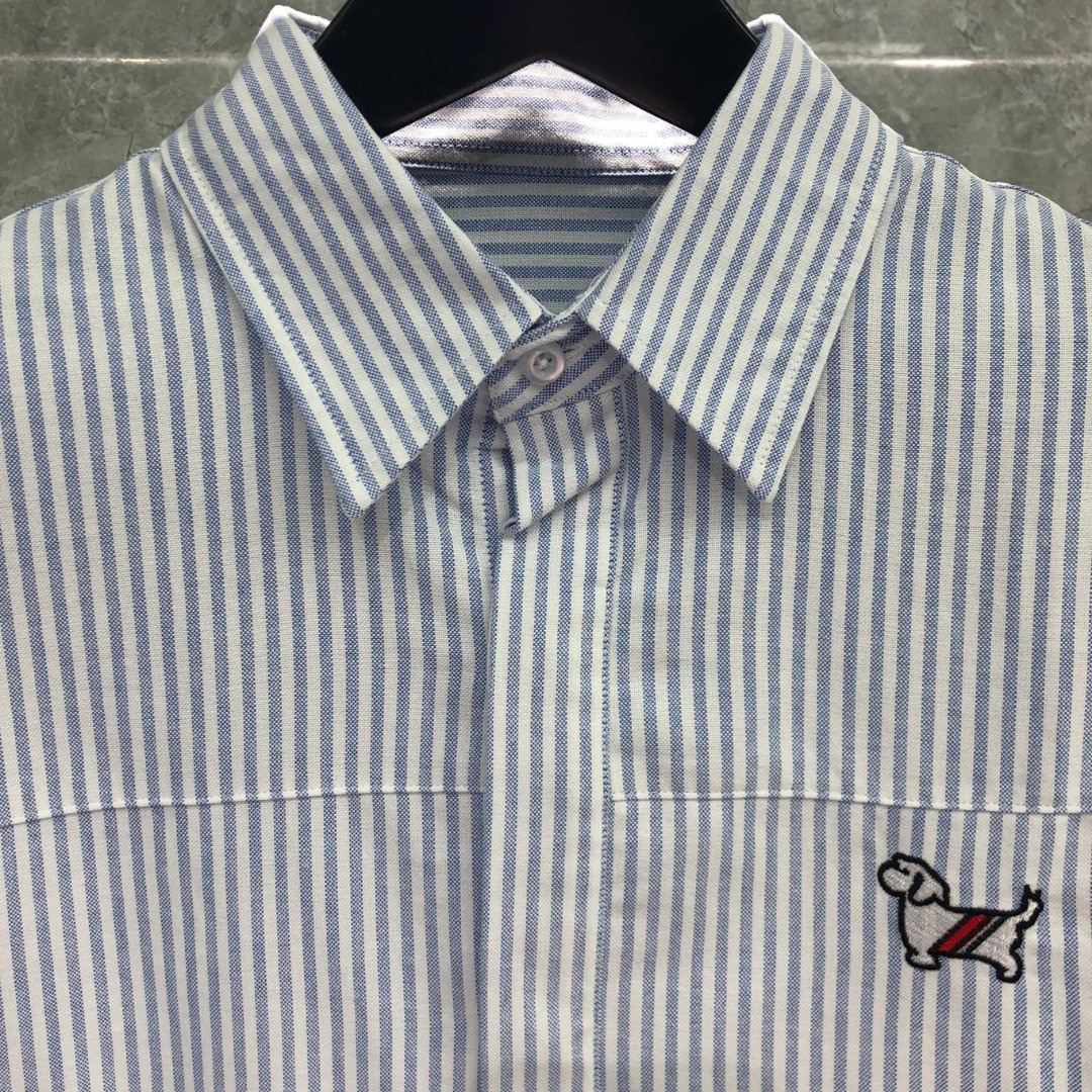 THOM BROWNE 双袖织带刺绣小狗图案条纹单排扣衬衫 外套 长袖 蓝色