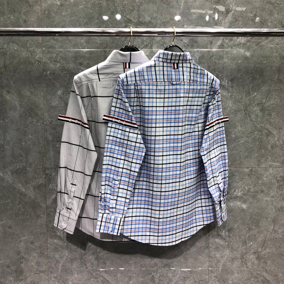 THOM BROWNE 格子舞狮小狗刺绣图案单排扣衬衫 外套 长袖 蓝色 灰色