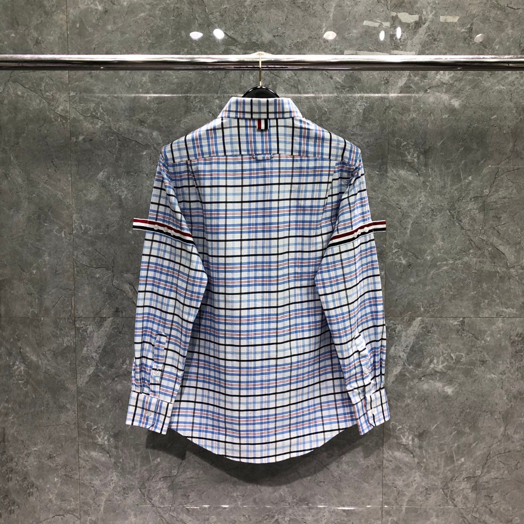 THOM BROWNE 格子舞狮小狗刺绣图案单排扣衬衫 外套 长袖 蓝色 灰色