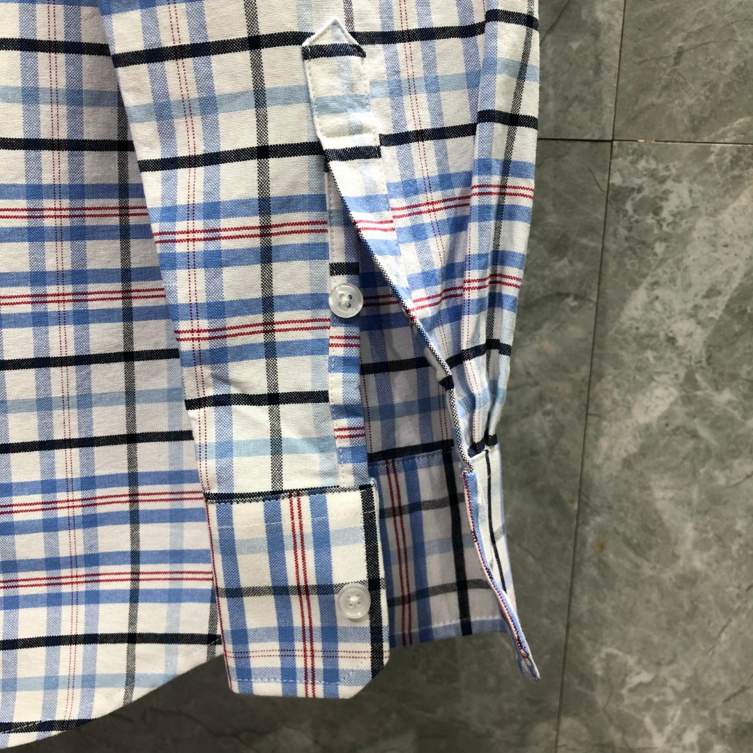 THOM BROWNE 格子舞狮小狗刺绣图案单排扣衬衫 外套 长袖 蓝色 灰色