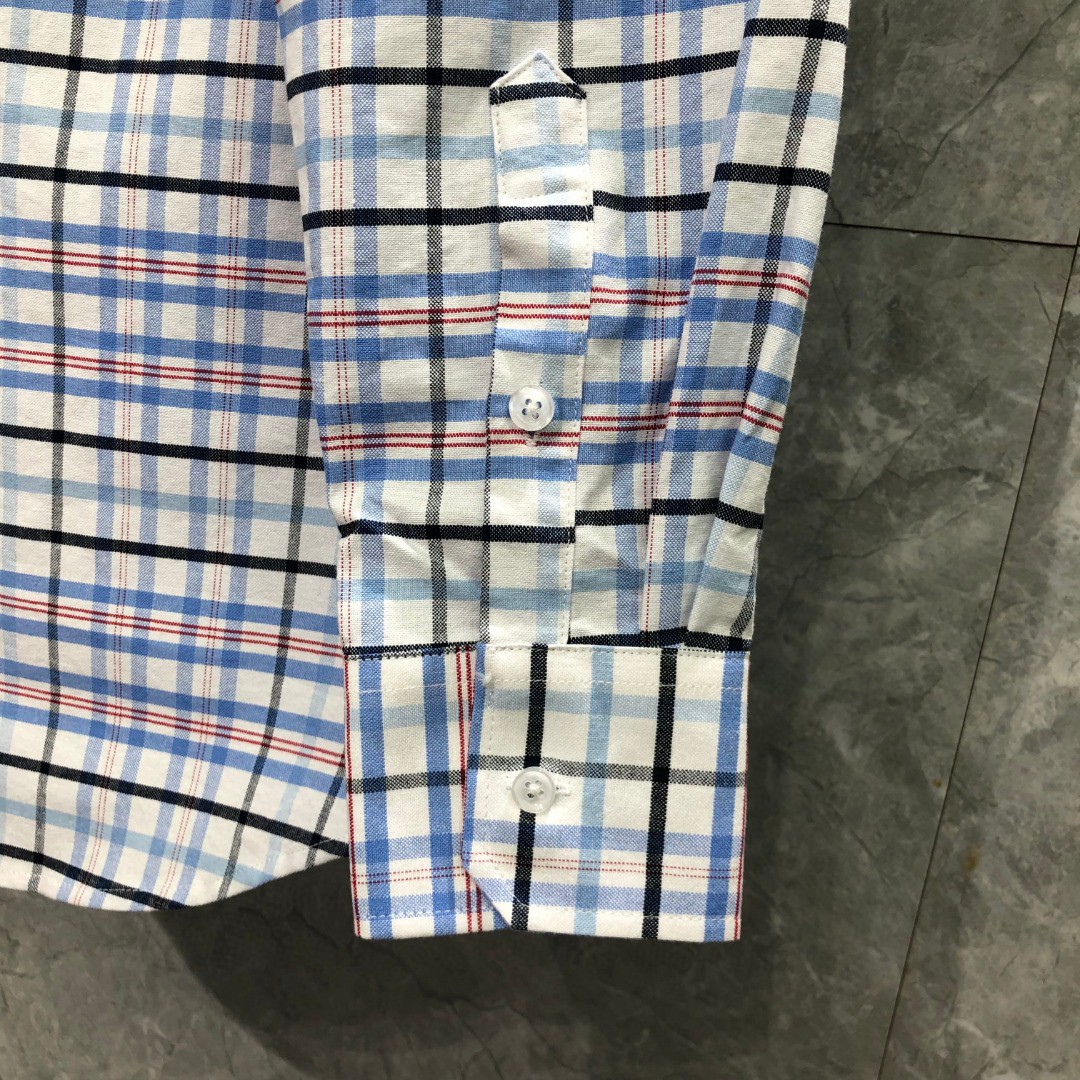 THOM BROWNE 格子舞狮小狗刺绣图案单排扣衬衫 外套 长袖 蓝色 灰色