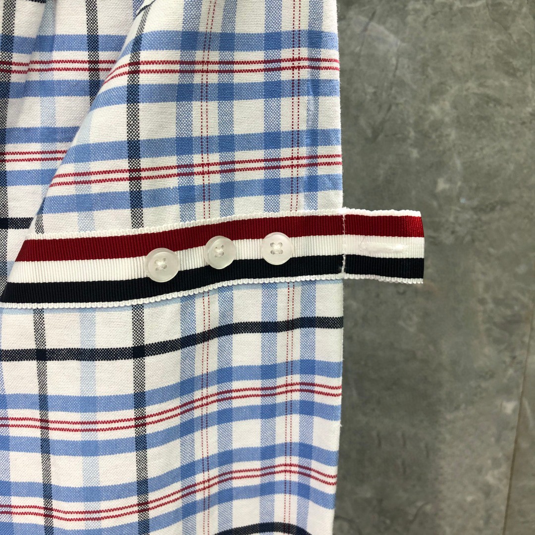 THOM BROWNE 格子舞狮小狗刺绣图案单排扣衬衫 外套 长袖 蓝色 灰色