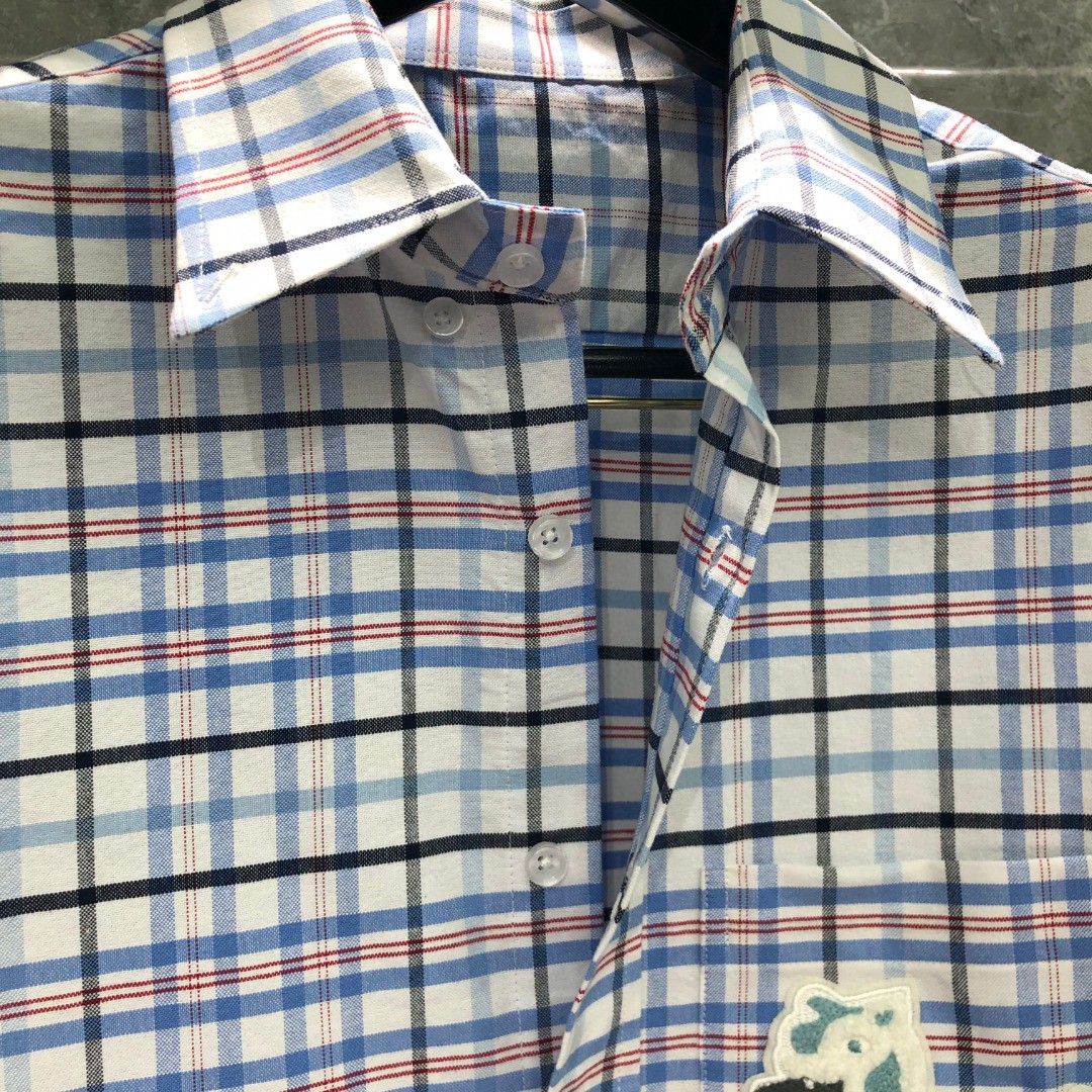 THOM BROWNE 格子舞狮小狗刺绣图案单排扣衬衫 外套 长袖 蓝色 灰色