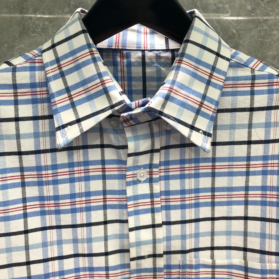 THOM BROWNE 格子舞狮小狗刺绣图案单排扣衬衫 外套 长袖 蓝色 灰色