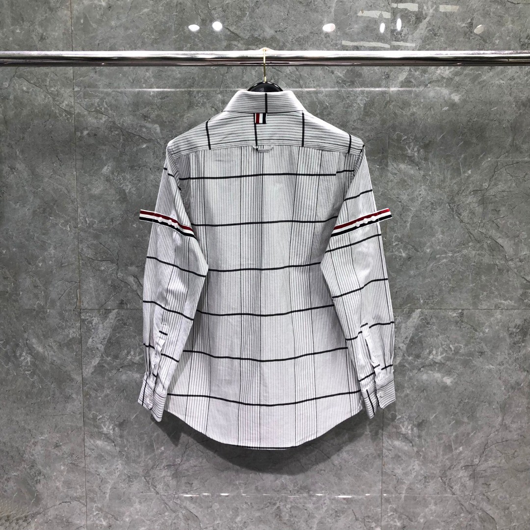 THOM BROWNE 格子舞狮小狗刺绣图案单排扣衬衫 外套 长袖 蓝色 灰色