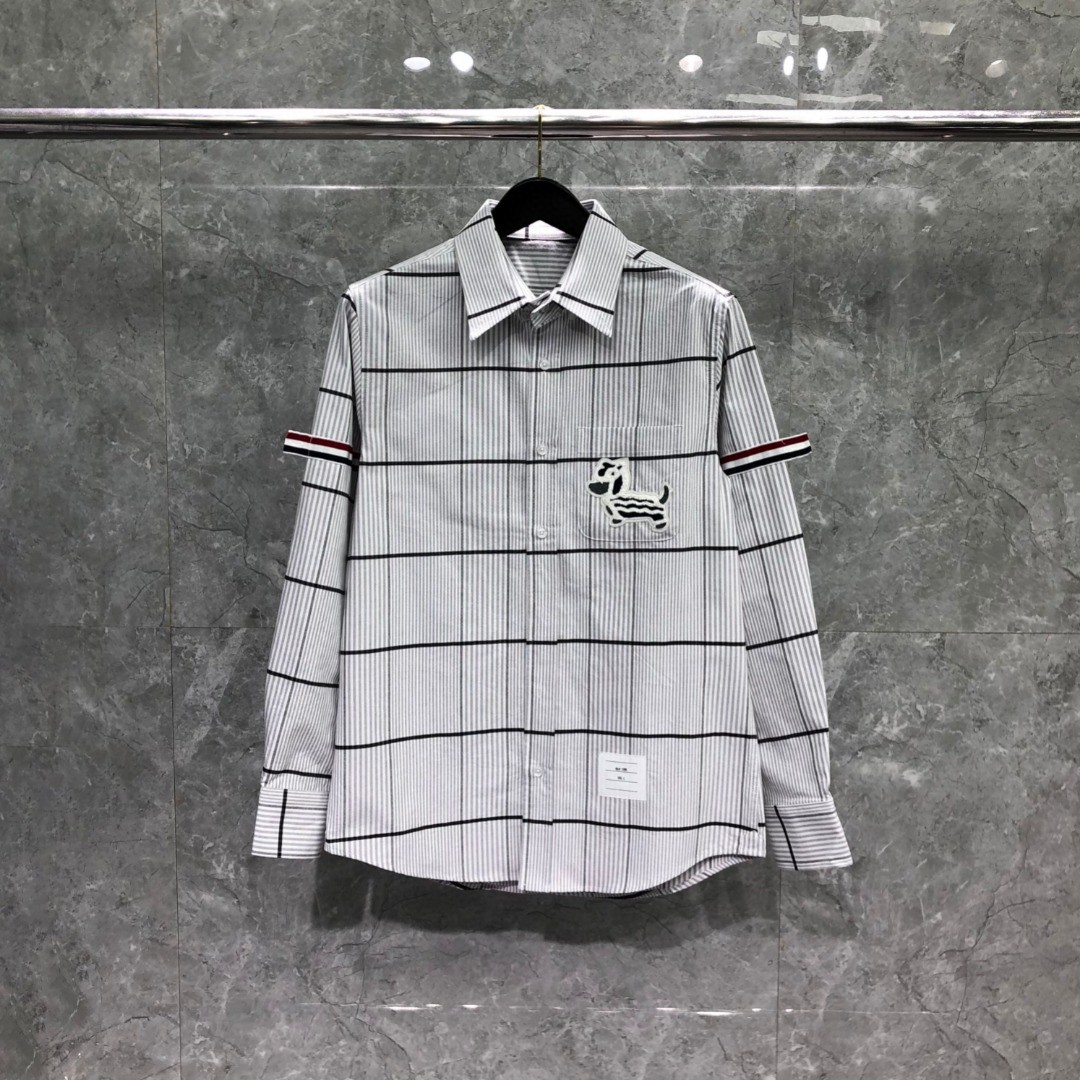 THOM BROWNE 格子舞狮小狗刺绣图案单排扣衬衫 外套 长袖 蓝色 灰色