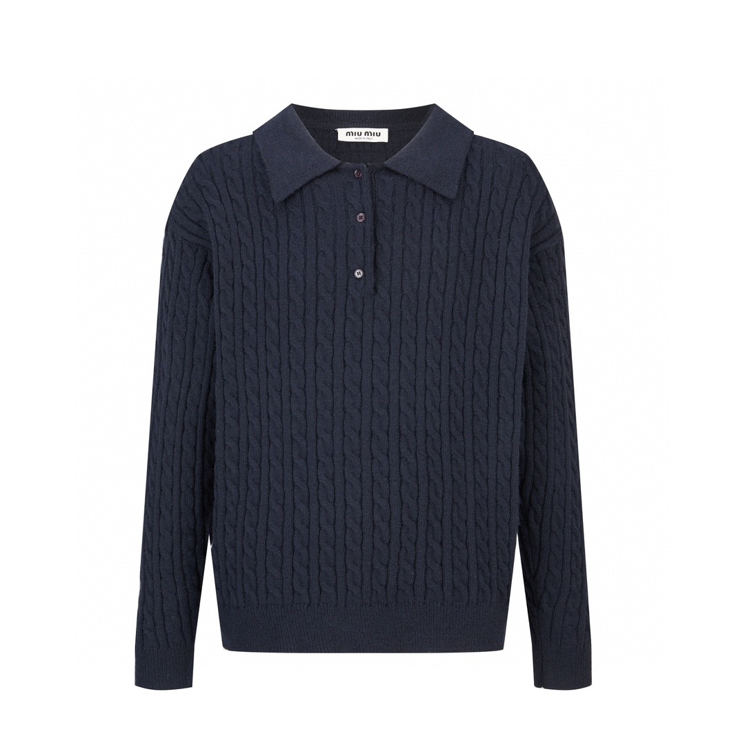 MIU MIU 缪缪 羊绒针织Polo领毛衣 针织衫 长袖 蓝色 MML977-13KX-F0008-S-OOO