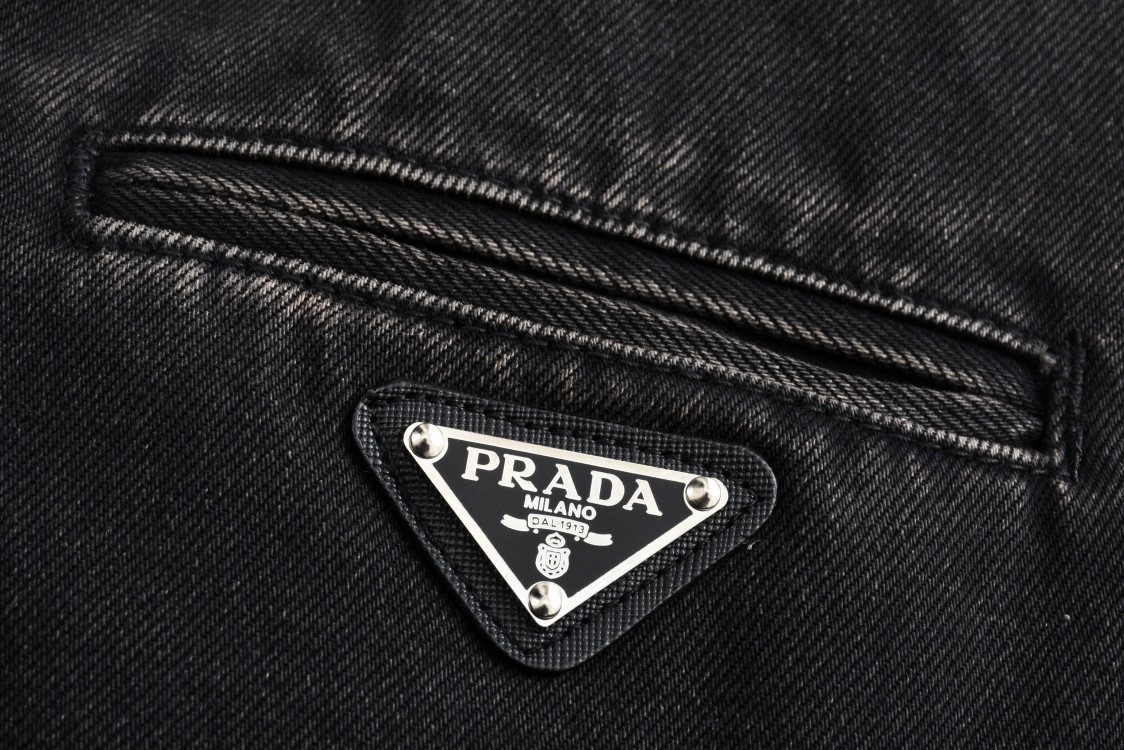 PRADA 普拉达 logo徽标拉链牛仔外套 夹克 棉服 长袖 黑棕色 GEB268-142D-F0631-S-OOO