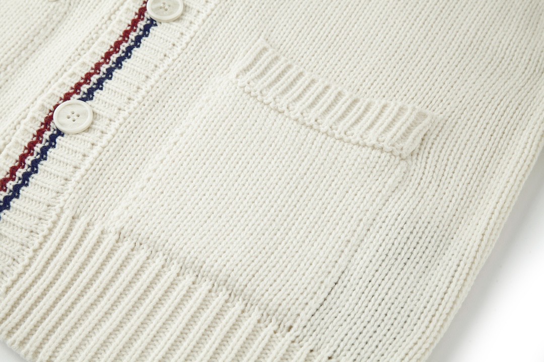 PRADA 普拉达 红蓝条拼色羊毛开衫 针织衫 毛衣 外套 长袖 白色