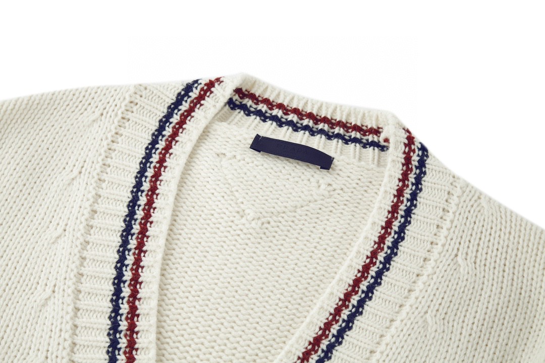 PRADA 普拉达 红蓝条拼色羊毛开衫 针织衫 毛衣 外套 长袖 白色