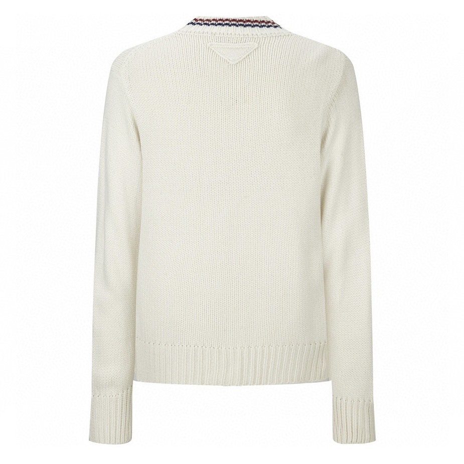 PRADA 普拉达 红蓝条拼色羊毛开衫 针织衫 毛衣 外套 长袖 白色