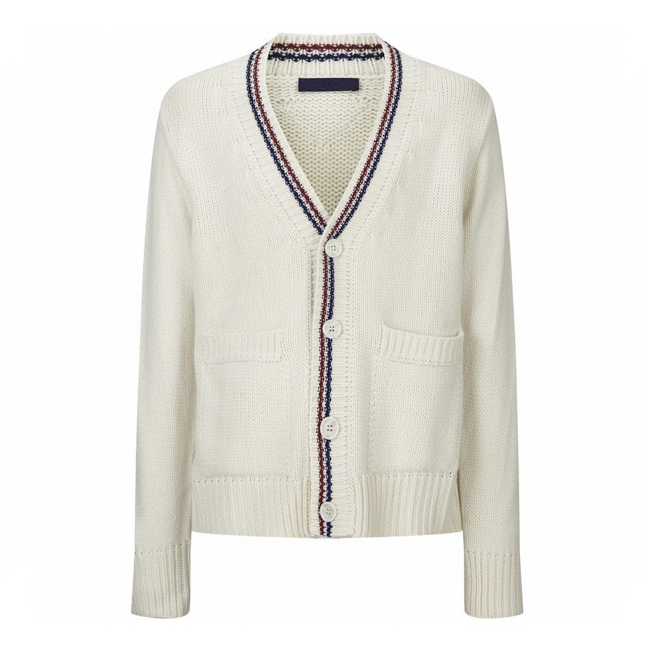 PRADA 普拉达 红蓝条拼色羊毛开衫 针织衫 毛衣 外套 长袖 白色