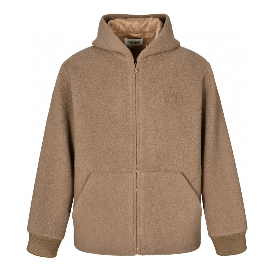 MIU MIU 缪缪 纯色logo贴布羊毛拉链连帽夹克 外套 长袖 棕色 ML1140-16DA-F0040-S-OOO