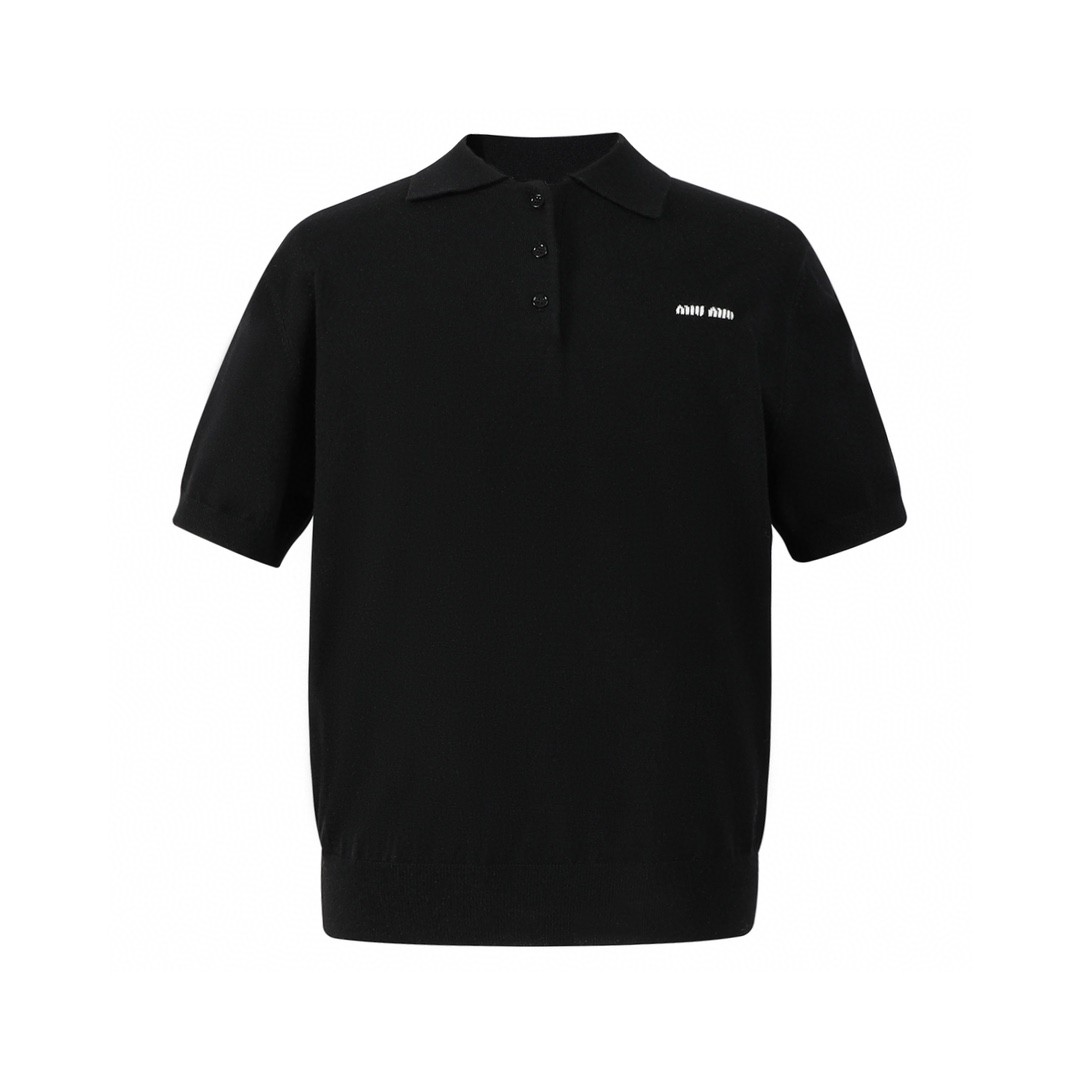 MIU MIU 字母logo徽标羊毛Polo衫 短袖 T恤 夏季 黑色 