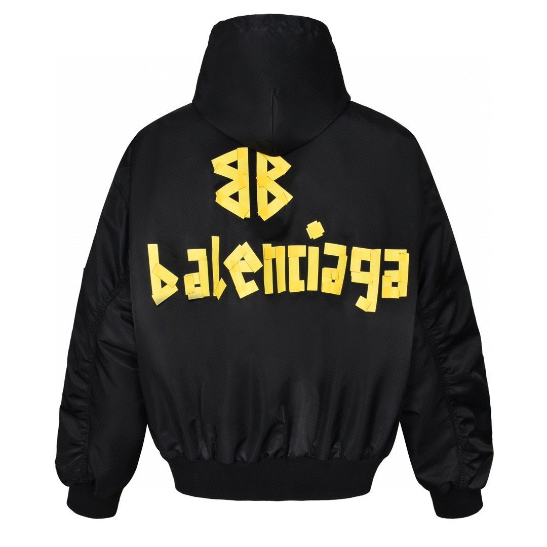 Balenciaga 巴黎世家 黄胶带字母logo印花连帽飞行员夹克 棉服 外套 长袖 黑色 791103TPO041000