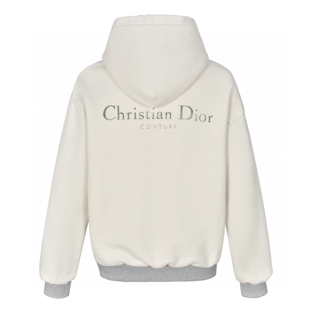 DIOR 迪奥 做旧破洞字母logo印花连帽卫衣 外套 长袖 白色 343J691A0878-C088
