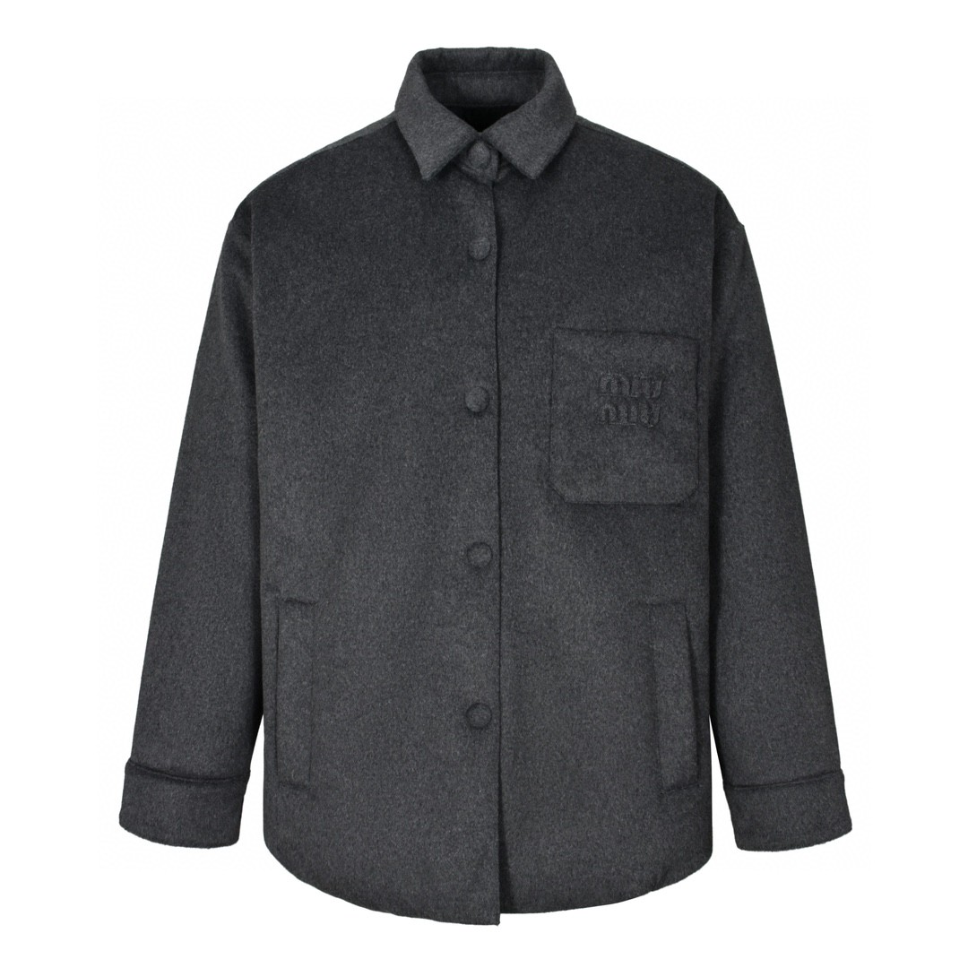 MIU MIU 缪缪 口袋logo徽标羊绒棉服 夹克 外套 长袖 灰色 海军蓝 ML855-13L9-F0031